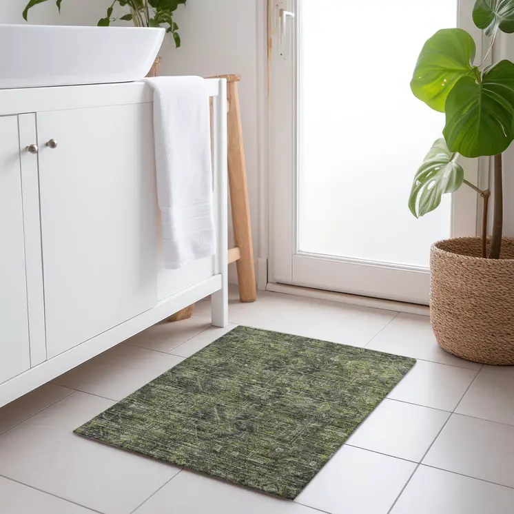 2' X 3' Moss Green and Gray Oriental Washable Non Skid Indoor Outdoor Area Rug