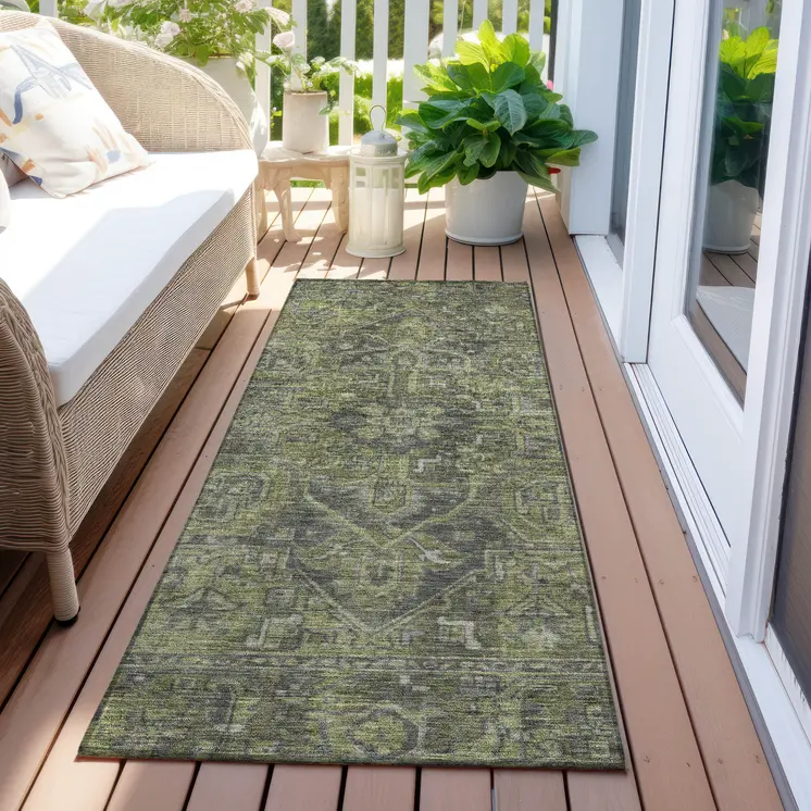 8' Runner Moss Green and Gray Oriental Washable Non Skid Indoor Outdoor Runner Rug