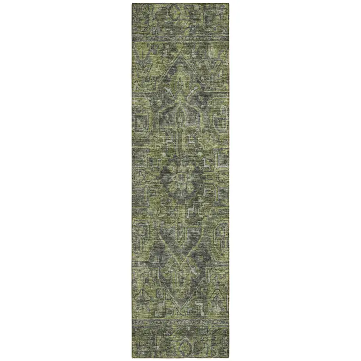8' Runner Moss Green and Gray Oriental Washable Non Skid Indoor Outdoor Runner Rug