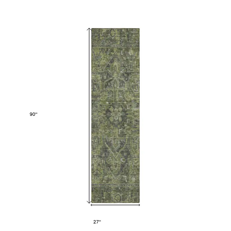 8' Runner Moss Green and Gray Oriental Washable Non Skid Indoor Outdoor Runner Rug