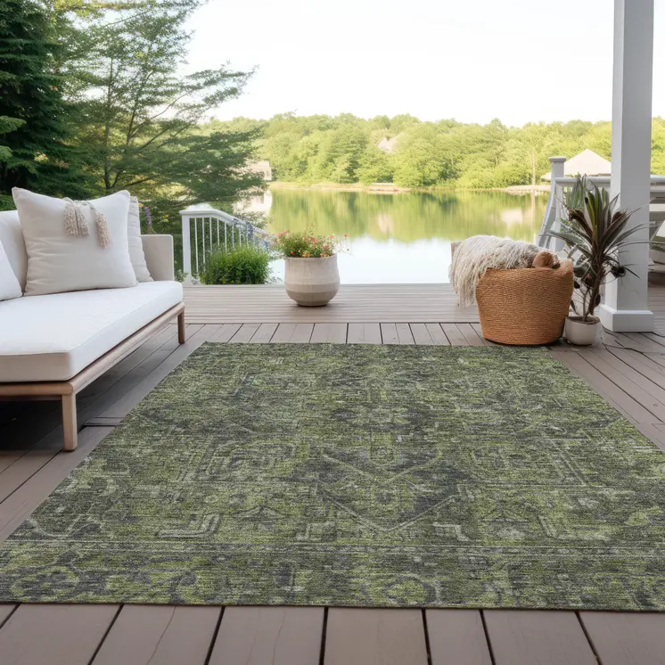 3' X 5' Moss Green And Gray Oriental Washable Indoor Outdoor Area Rug