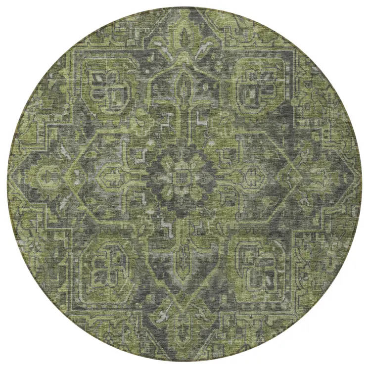 8' Round Moss Green and Gray Round Oriental Washable Non Skid Indoor Outdoor Area Rug