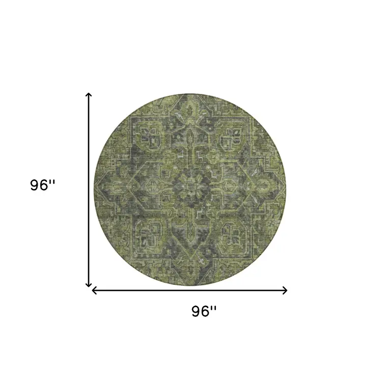 8' Round Moss Green and Gray Round Oriental Washable Non Skid Indoor Outdoor Area Rug