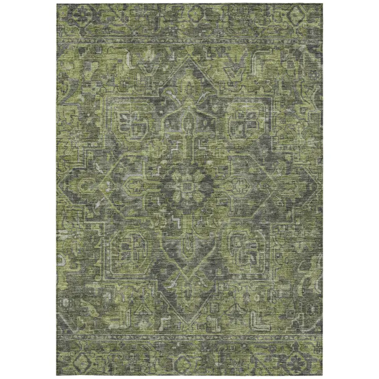 8' X 10' Moss Green and Gray Oriental Washable Non Skid Indoor Outdoor Area Rug