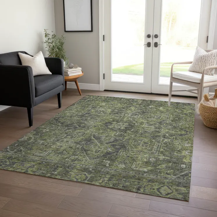 8' X 10' Moss Green and Gray Oriental Washable Non Skid Indoor Outdoor Area Rug