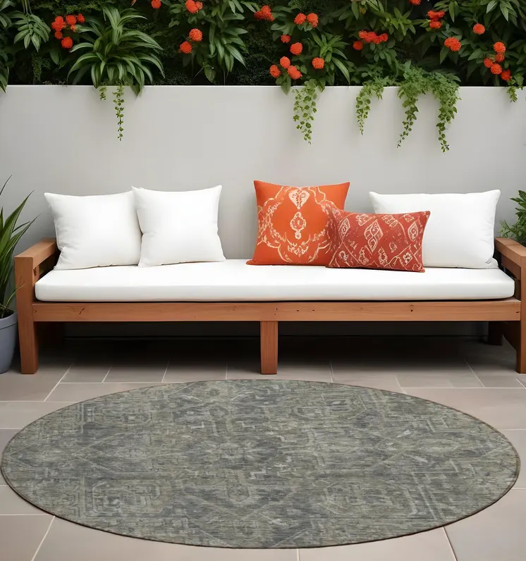 8' Round Brown and Black Round Oriental Washable Non Skid Indoor Outdoor Area Rug