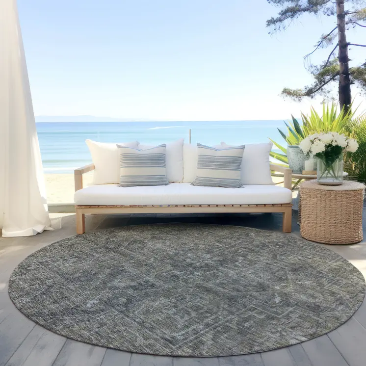 8' Round Brown and Black Round Oriental Washable Non Skid Indoor Outdoor Area Rug