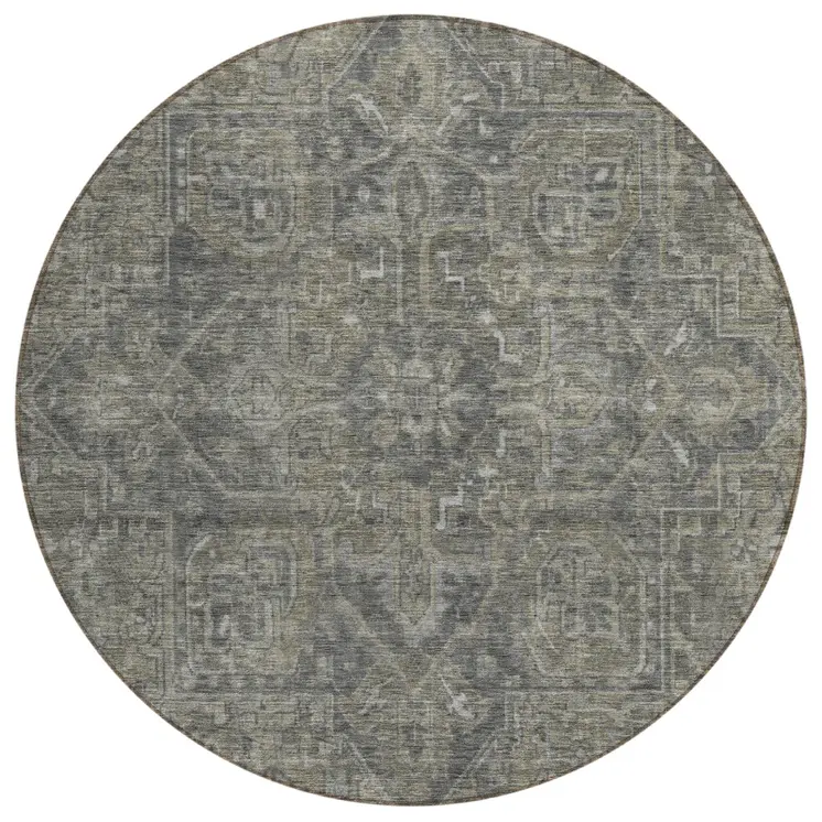 8' Round Brown and Black Round Oriental Washable Non Skid Indoor Outdoor Area Rug