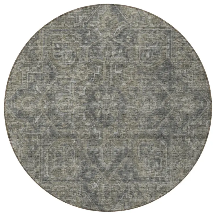 8' Round Brown and Black Round Oriental Washable Non Skid Indoor Outdoor Area Rug