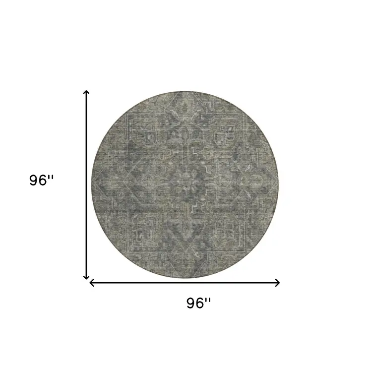 8' Round Brown and Black Round Oriental Washable Non Skid Indoor Outdoor Area Rug