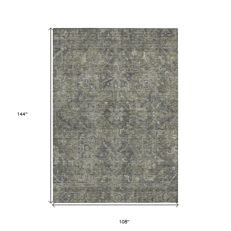 9' X 12' Brown and Black Oriental Washable Non Skid Indoor Outdoor Area Rug