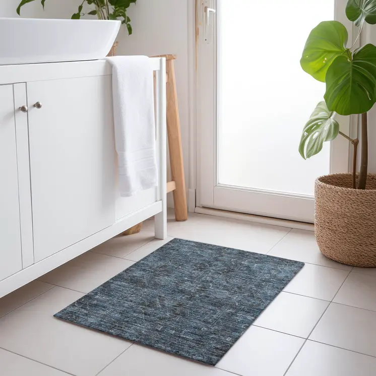 2' X 3' Navy and Black Oriental Washable Non Skid Indoor Outdoor Area Rug