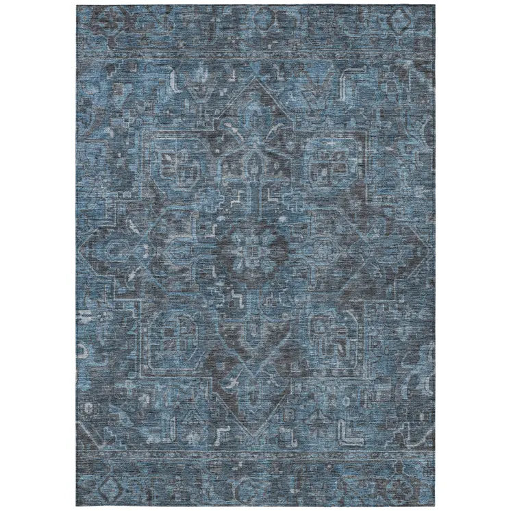 3' X 5' Navy and Black Oriental Washable Non Skid Indoor Outdoor Area Rug