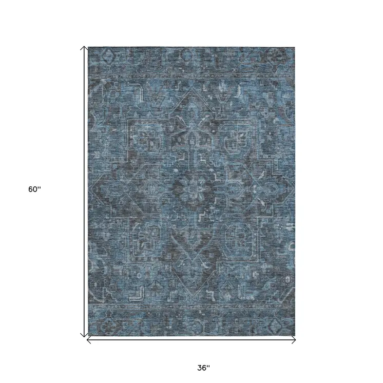 3' X 5' Navy and Black Oriental Washable Non Skid Indoor Outdoor Area Rug