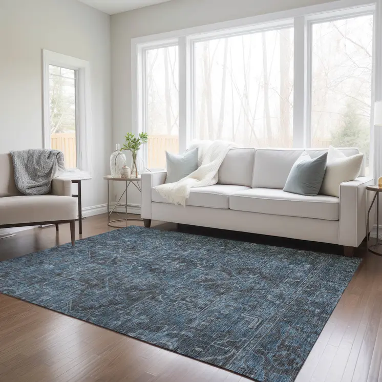 3' X 5' Navy and Black Oriental Washable Non Skid Indoor Outdoor Area Rug