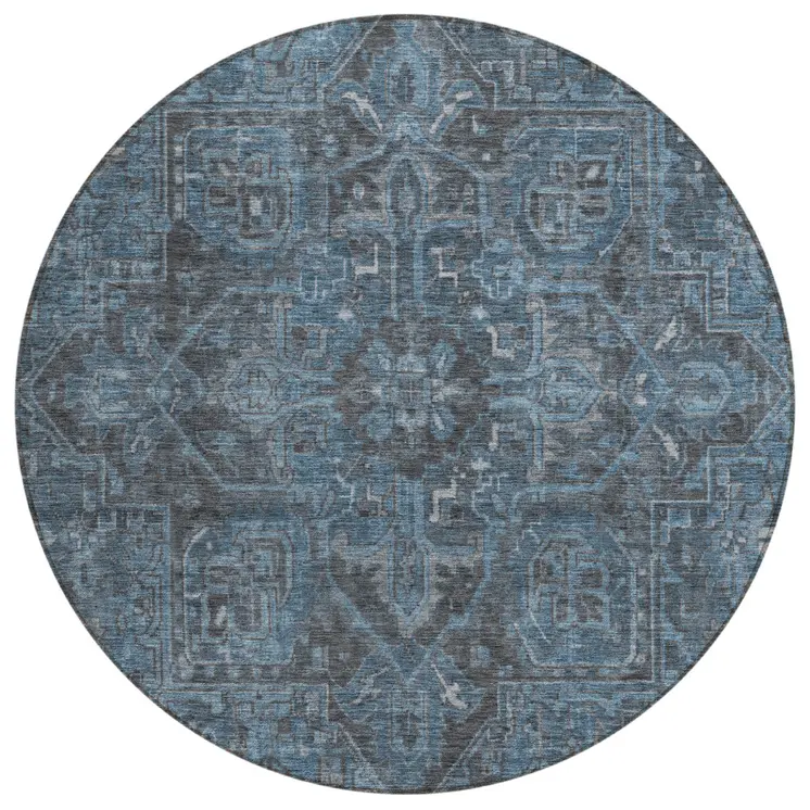 8' Black Round Oriental Washable Indoor Outdoor Area Rug