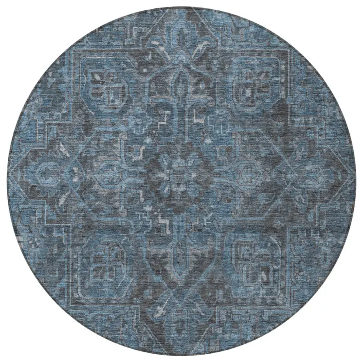 8' Black Round Oriental Washable Indoor Outdoor Area Rug