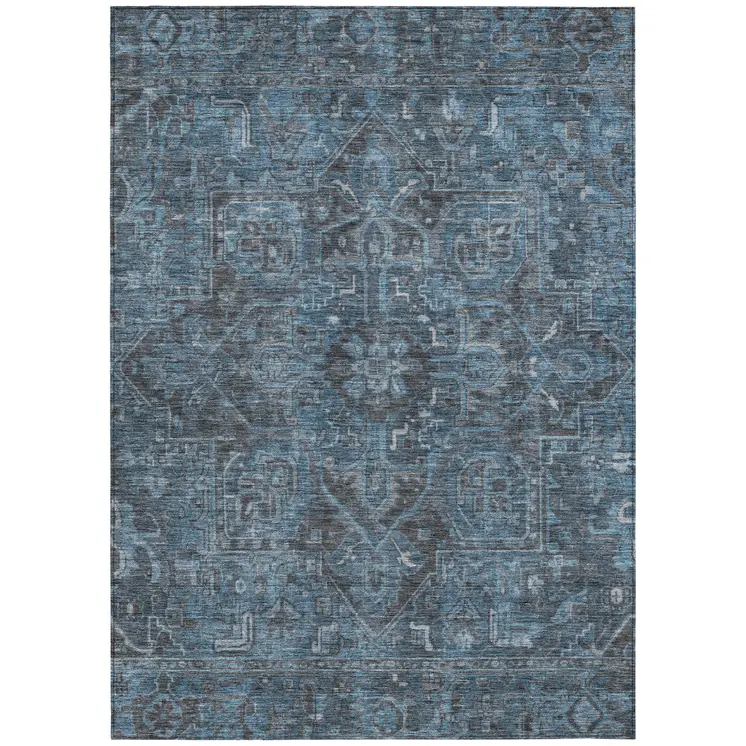 8' X 10' Navy and Black Oriental Washable Non Skid Indoor Outdoor Area Rug