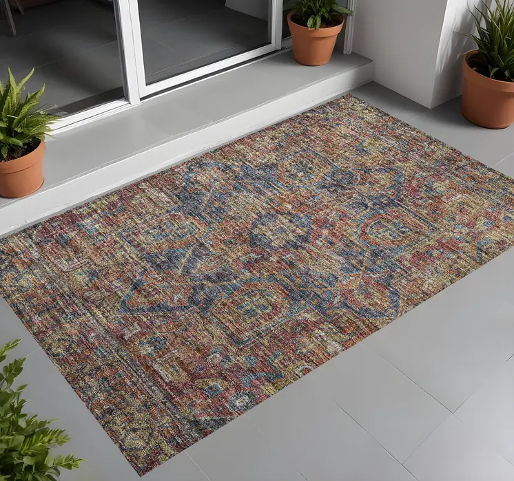 2' X 3' Red Orange and Blue Oriental Washable Non Skid Indoor Outdoor Area Rug