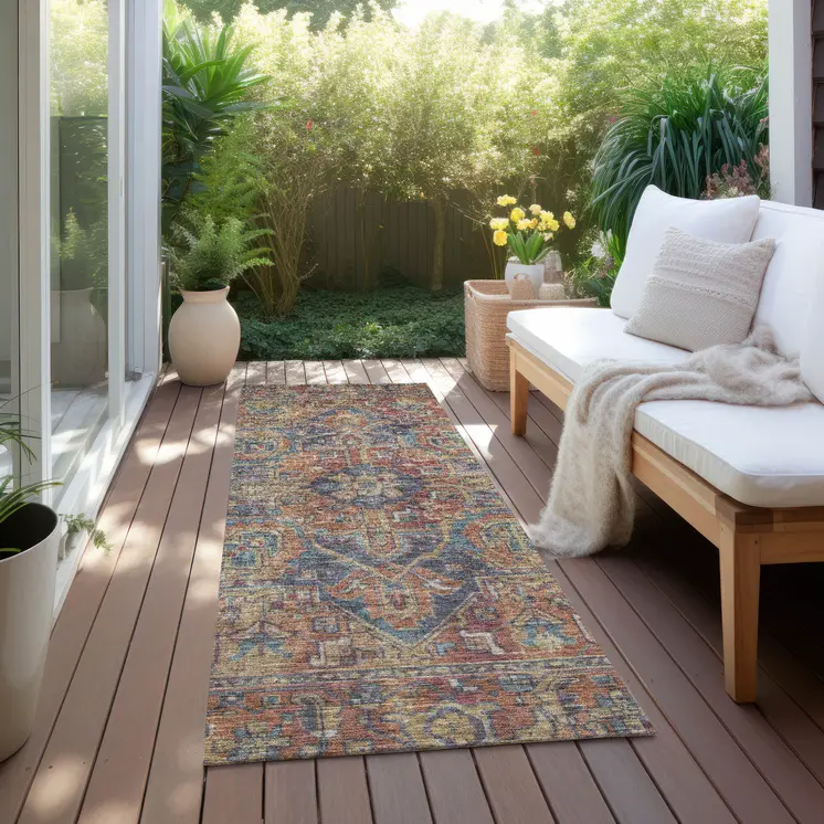 8' Runner Red Orange and Blue Oriental Washable Non Skid Indoor Outdoor Runner Rug