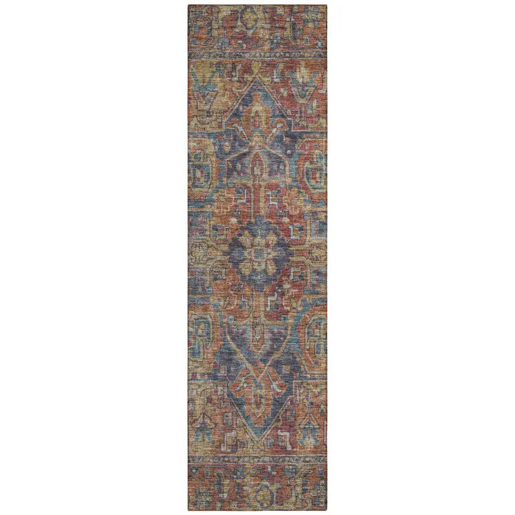 8' Runner Red Orange and Blue Oriental Washable Non Skid Indoor Outdoor Runner Rug