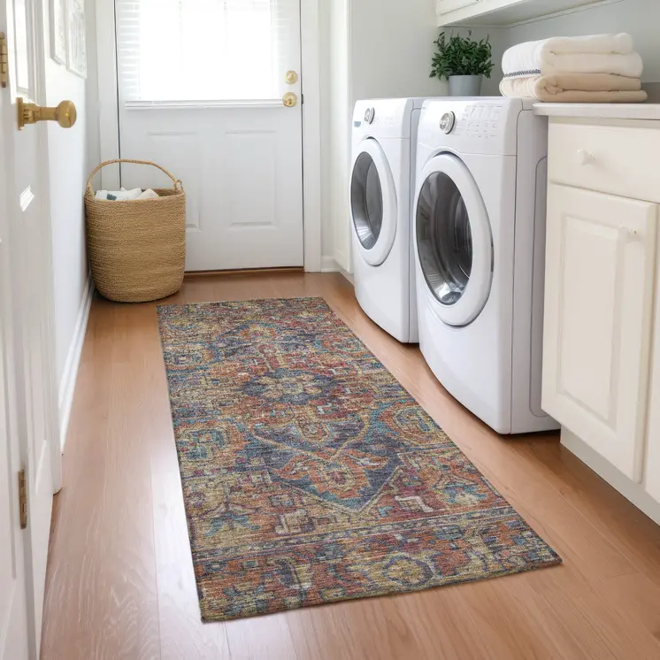 8' Runner Red Orange and Blue Oriental Washable Non Skid Indoor Outdoor Runner Rug