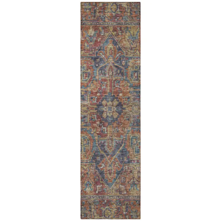 8' Runner Red Orange and Blue Oriental Washable Non Skid Indoor Outdoor Runner Rug