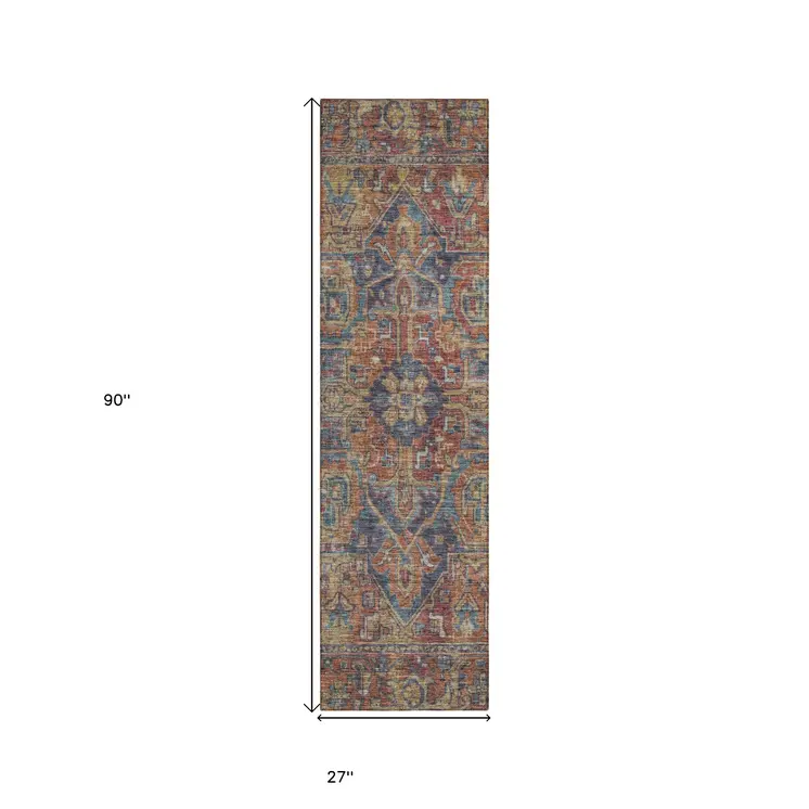 8' Runner Red Orange and Blue Oriental Washable Non Skid Indoor Outdoor Runner Rug