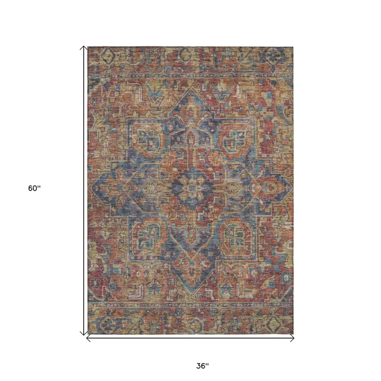 3' X 5' Red Orange And Blue Oriental Washable Indoor Outdoor Area Rug