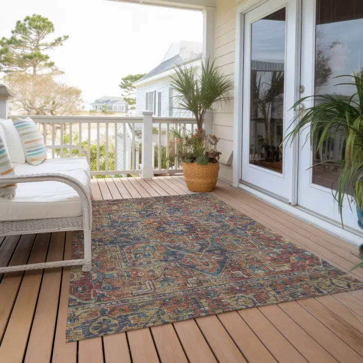 3' X 5' Red Orange And Blue Oriental Washable Indoor Outdoor Area Rug