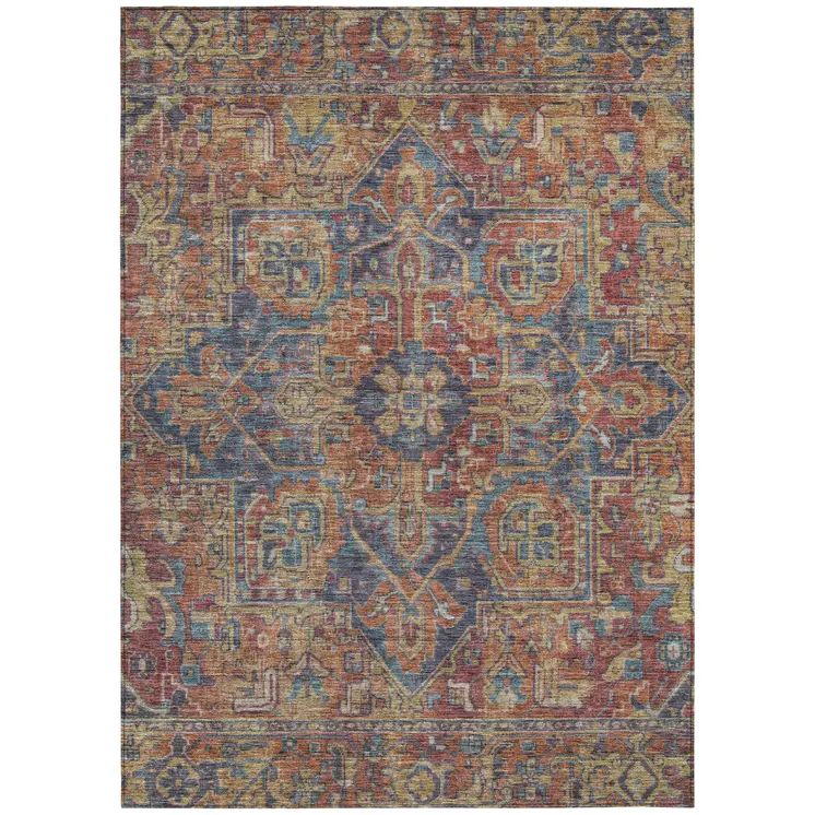 3' X 5' Red Orange And Blue Oriental Washable Indoor Outdoor Area Rug