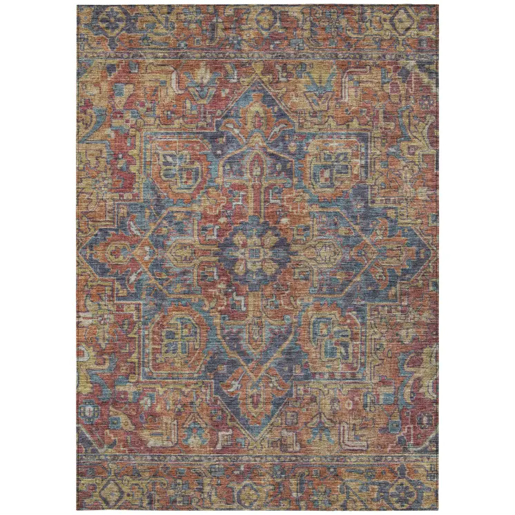 3' X 5' Red Orange And Blue Oriental Washable Indoor Outdoor Area Rug