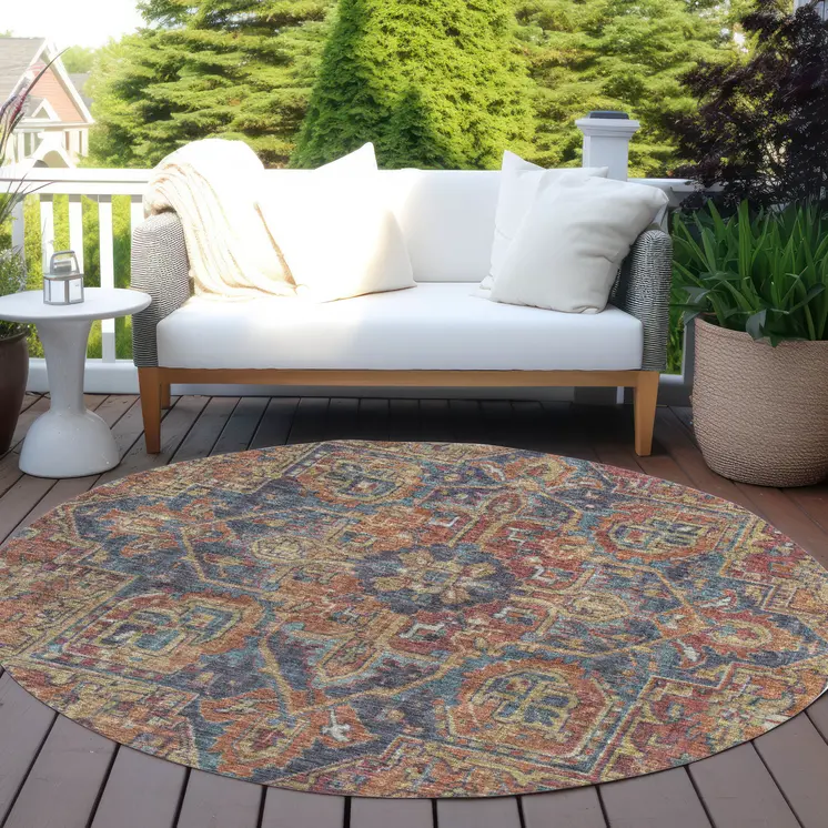 8' Red Orange And Blue Round Oriental Washable Indoor Outdoor Area Rug