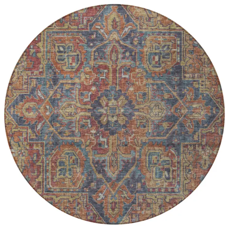 8' Red Orange And Blue Round Oriental Washable Indoor Outdoor Area Rug