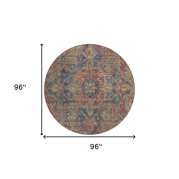 8' Red Orange And Blue Round Oriental Washable Indoor Outdoor Area Rug