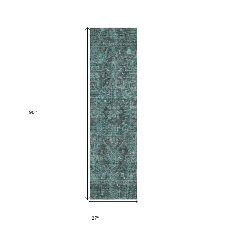 8' Runner Turquoise Oriental Washable Non Skid Indoor Outdoor Runner Rug