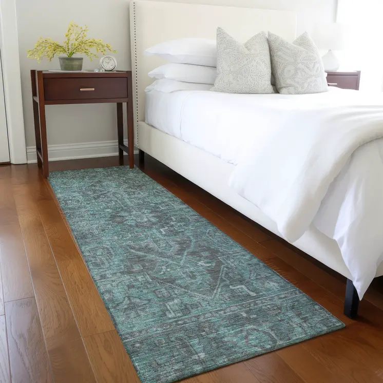 8' Runner Turquoise Oriental Washable Non Skid Indoor Outdoor Runner Rug