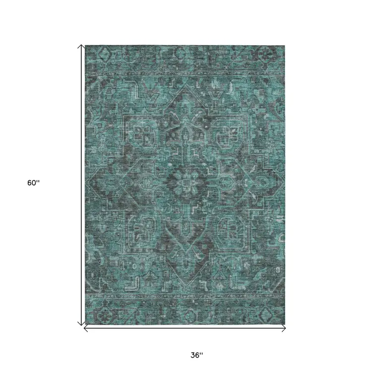 3' X 5' Turquoise Oriental Washable Non Skid Indoor Outdoor Area Rug