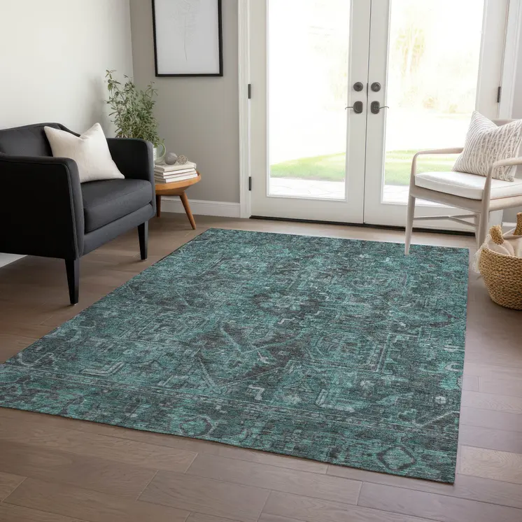 3' X 5' Turquoise Oriental Washable Non Skid Indoor Outdoor Area Rug