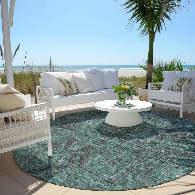 8' Round Turquoise Round Oriental Washable Non Skid Indoor Outdoor Area Rug