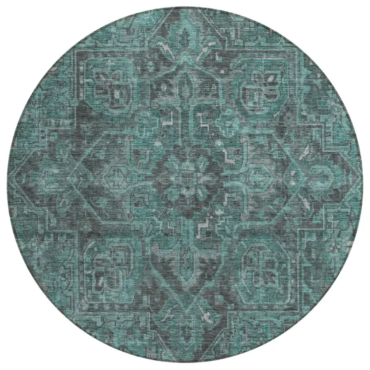 8' Round Turquoise Round Oriental Washable Non Skid Indoor Outdoor Area Rug