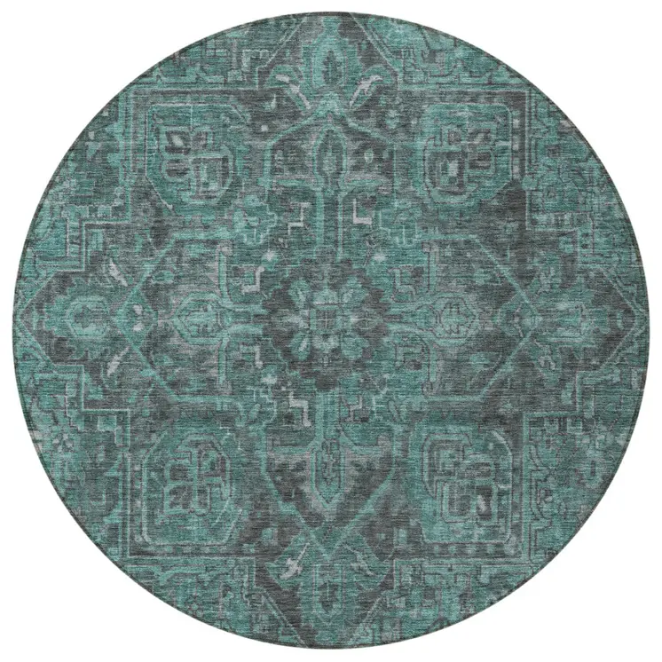 8' Round Turquoise Round Oriental Washable Non Skid Indoor Outdoor Area Rug