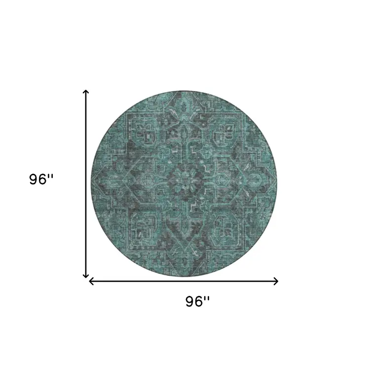 8' Round Turquoise Round Oriental Washable Non Skid Indoor Outdoor Area Rug