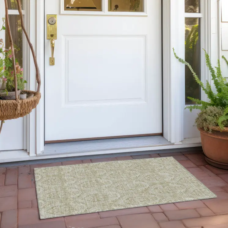 2' X 3' Light Green Damask Washable Non Skid Indoor Outdoor Area Rug