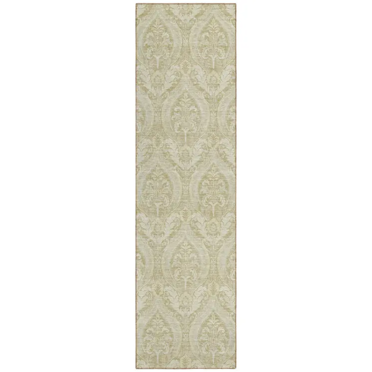 8' Runner Light Green Damask Washable Non Skid Indoor Outdoor Runner Rug