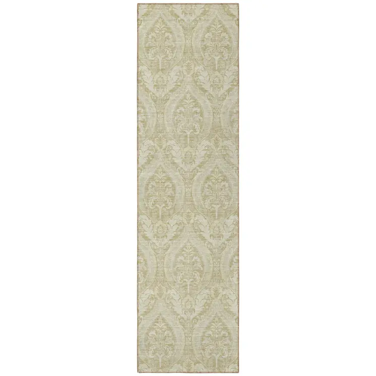 8' Runner Light Green Damask Washable Non Skid Indoor Outdoor Runner Rug