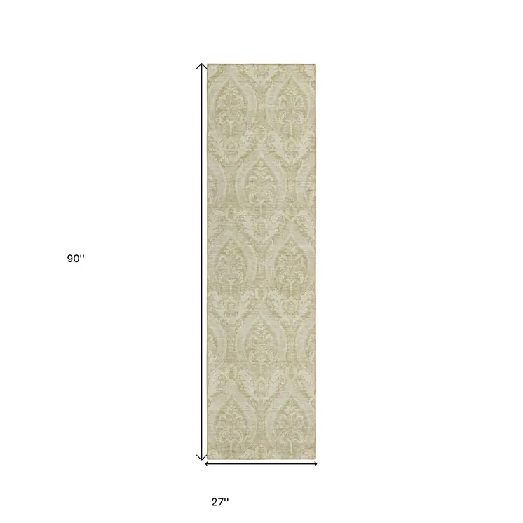 8' Runner Light Green Damask Washable Non Skid Indoor Outdoor Runner Rug