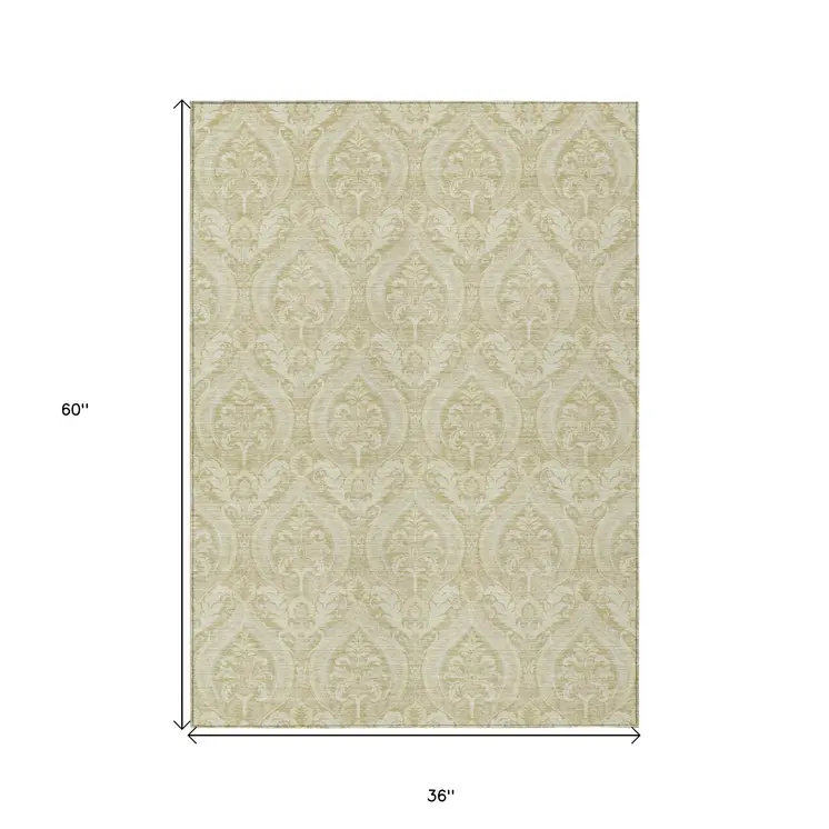 3' X 5' Light Green Damask Washable Non Skid Indoor Outdoor Area Rug
