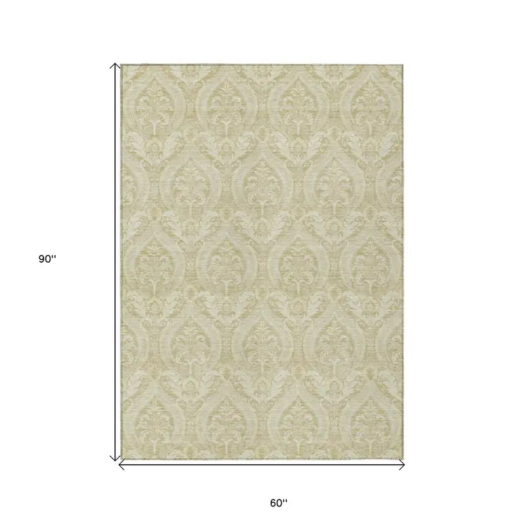 5' X 8' Light Green Damask Washable Indoor Outdoor Area Rug