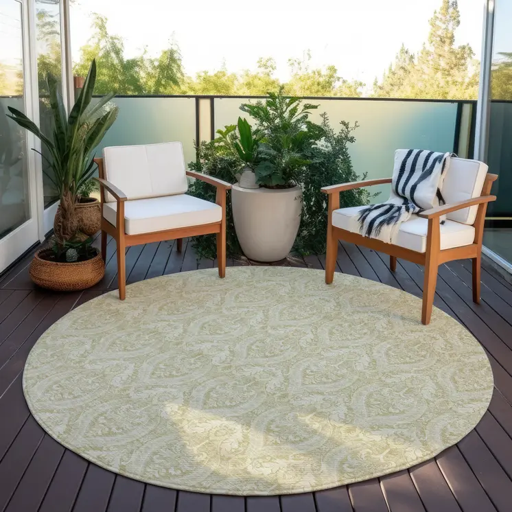 8' Round Light Green Round Damask Washable Non Skid Indoor Outdoor Area Rug
